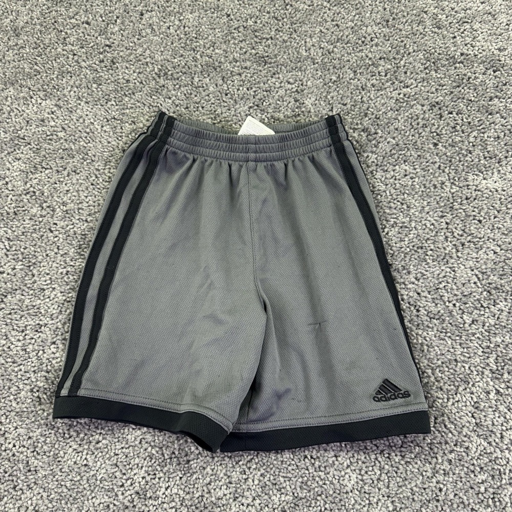 Adidas Shorts Kids 5 Gray Mesh Sweat Elastic Waist 3 Stripes Athletic Gym Soccer